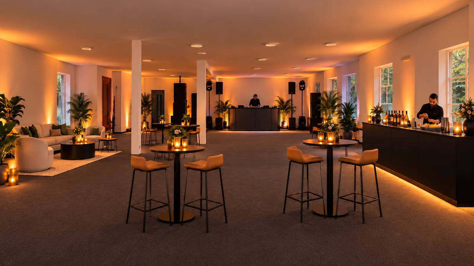 Referência de layout de coquetel na Casa Fanfive com mesas bistrô, bar, lounge e cabine de DJ