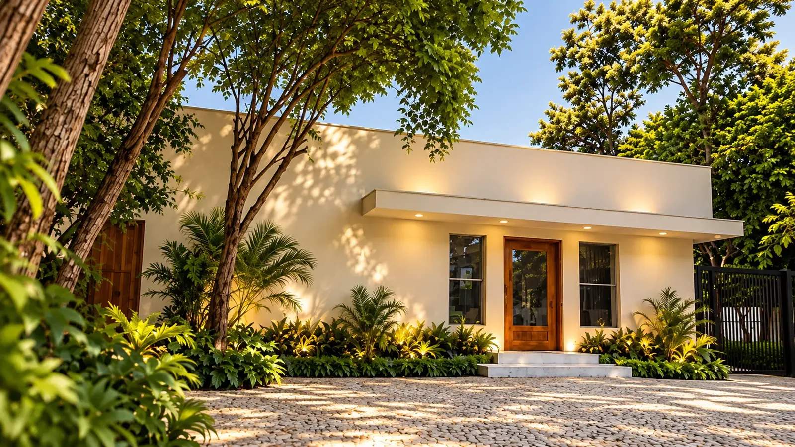 Fachada da Casa Fanfive, casa térrea branca cercada de jardim tropical na Avenida Rebouças