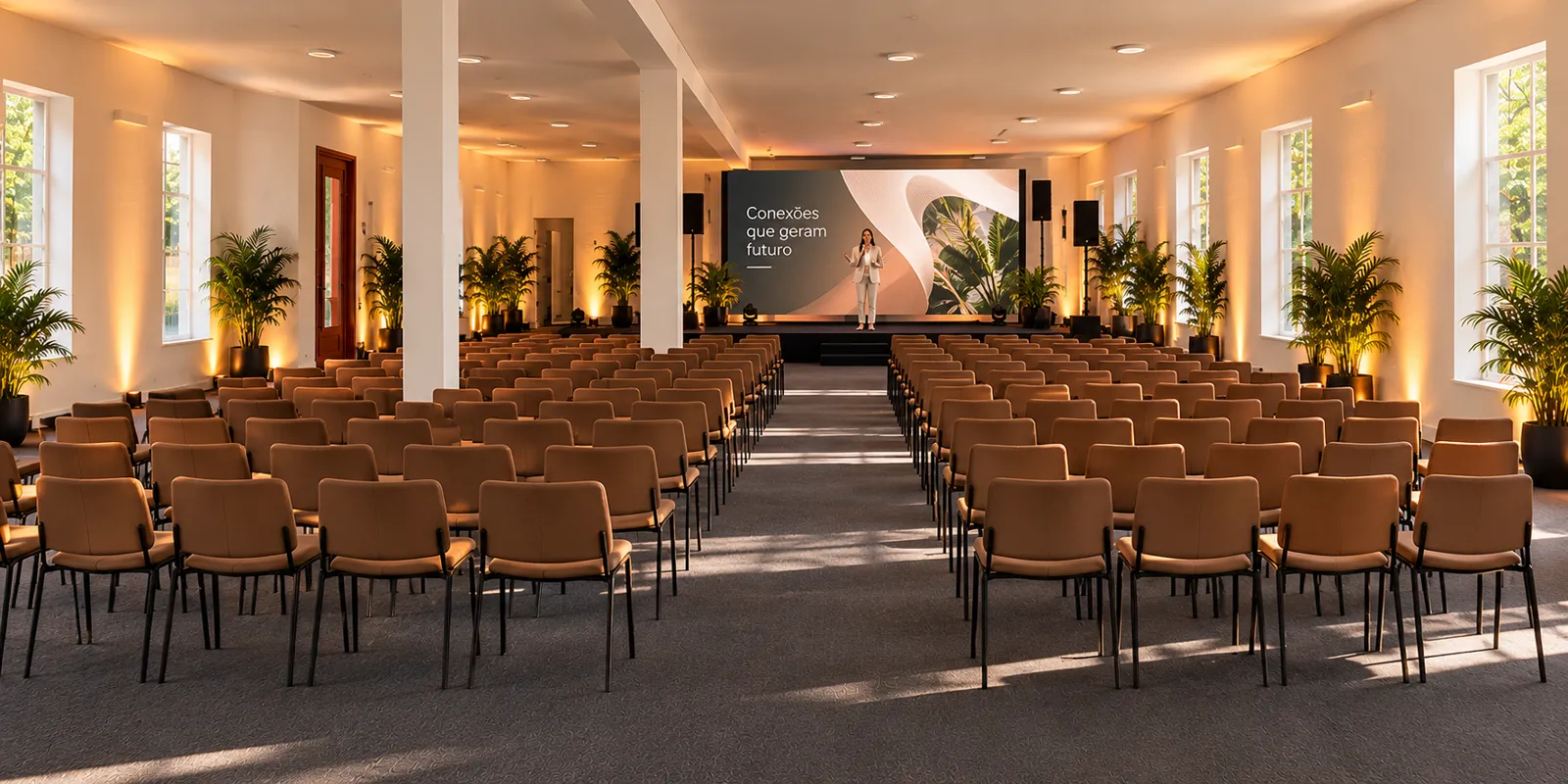 Referência de layout em plateia com cadeiras em fileiras voltadas a mini palco e painel de LED