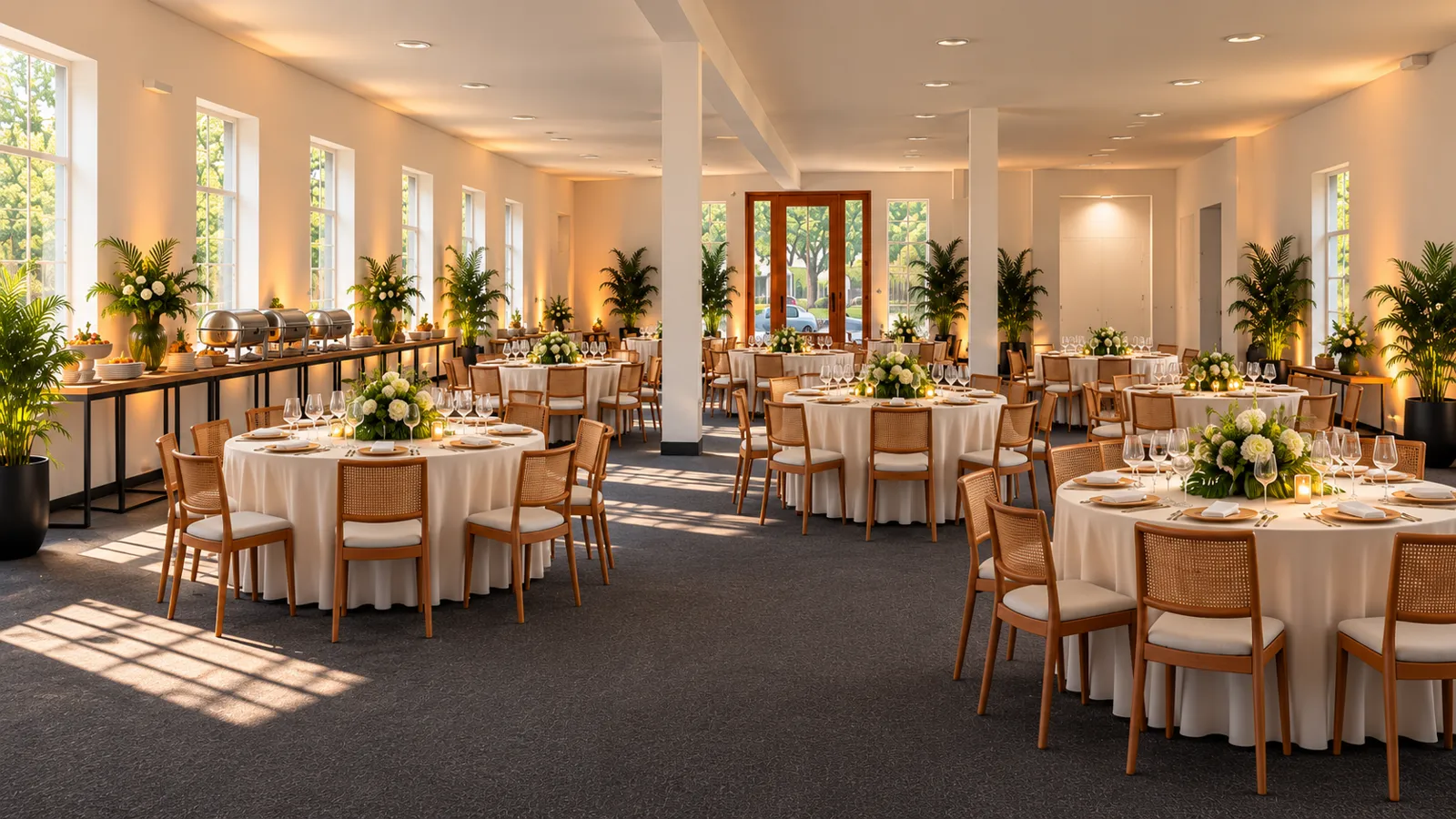 Referência de layout de jantar com mesas redondas de oito lugares e buffet lateral